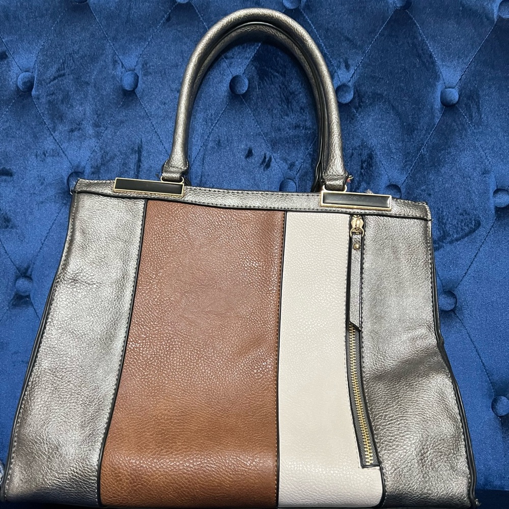 Pewter bag with brown and cream accents